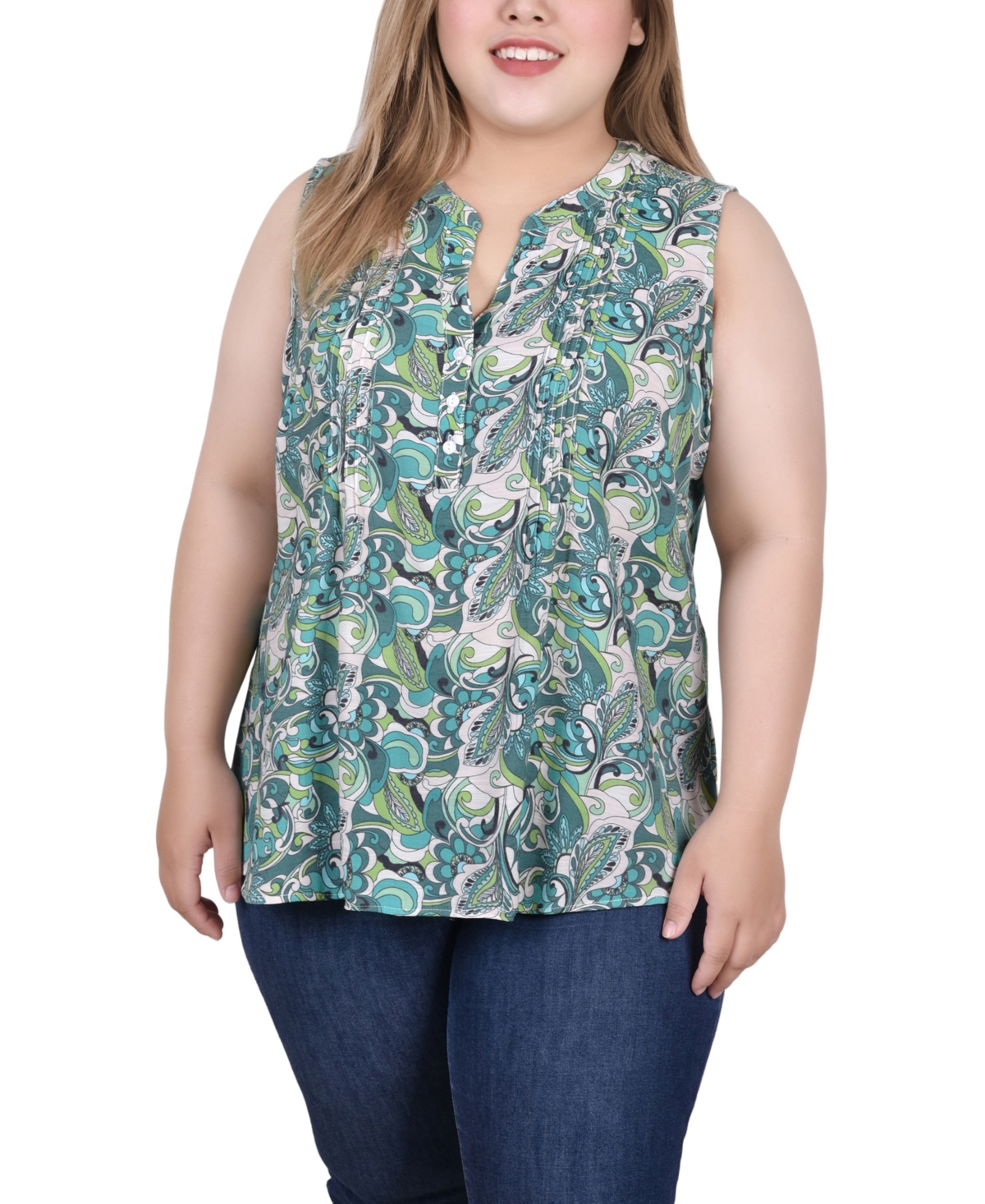 Ny Collection Plus Size Sleeveless Pintucked Blouse In Green Paisley Floral