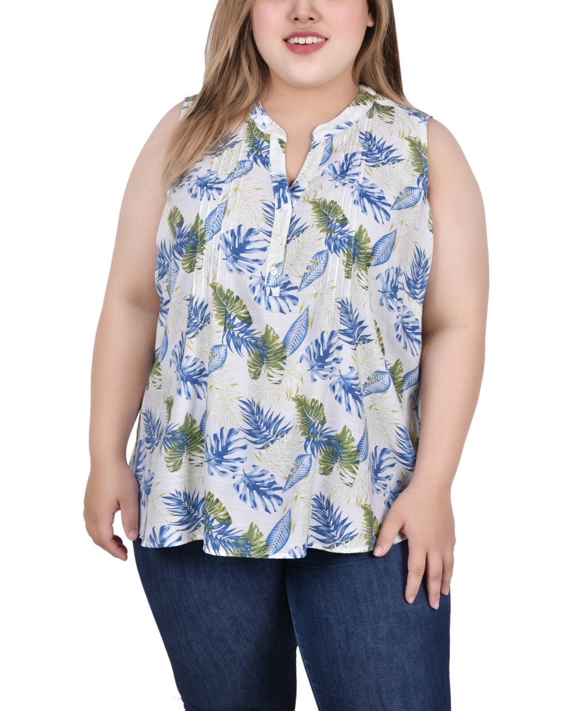 Shop Ny Collection Plus Size Sleeveless Pintucked Blouse In Ivory Tropical Leaves