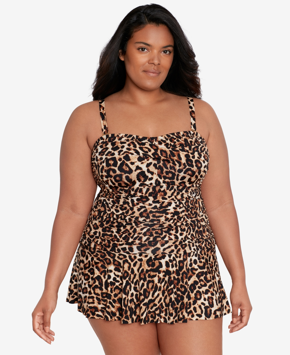 Lauren Ralph Lauren Plus Size Twisted Shirred Skirted Swimsuit In Leopard