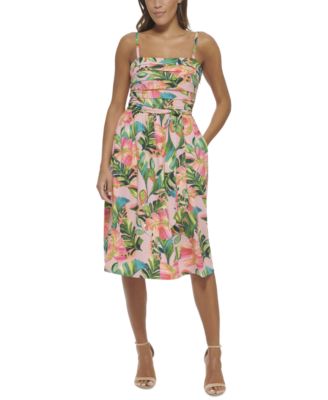 kensie - Women's Printed Pleated-Top Belted A-Line Dress