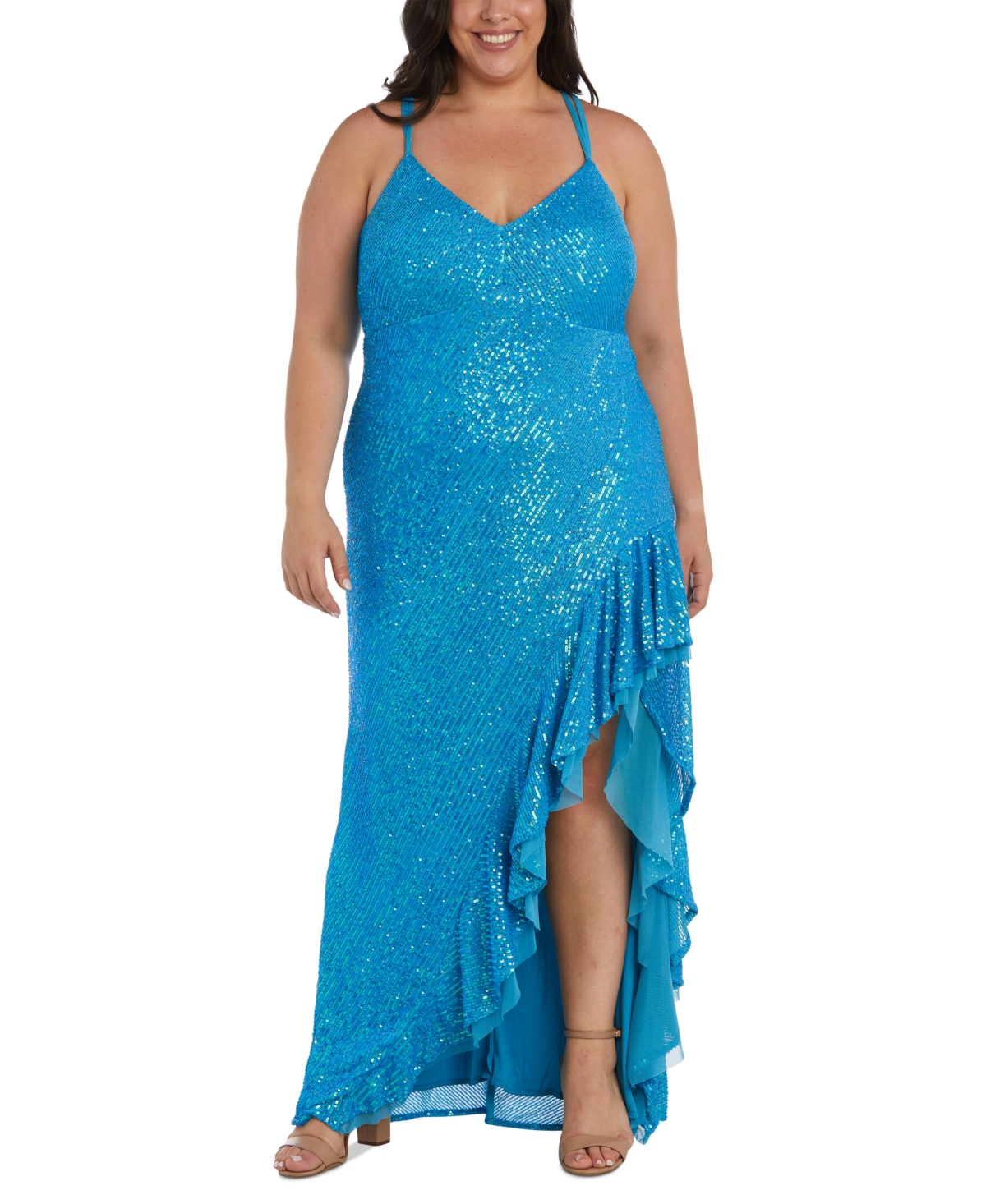 Trendy Plus Size Sequin Ruffled High-Low Gown - Turquoise