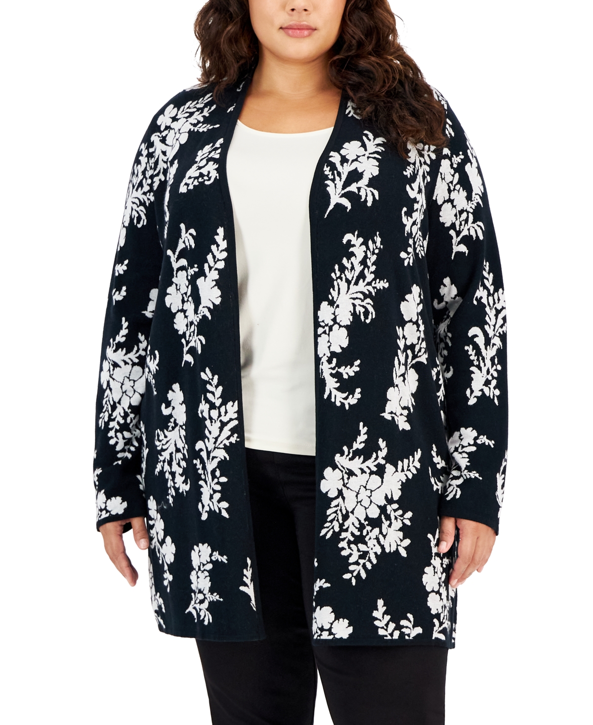 Jm Collection Plus Size Foliage Printed Cardigan Sweater, Created for Macy's