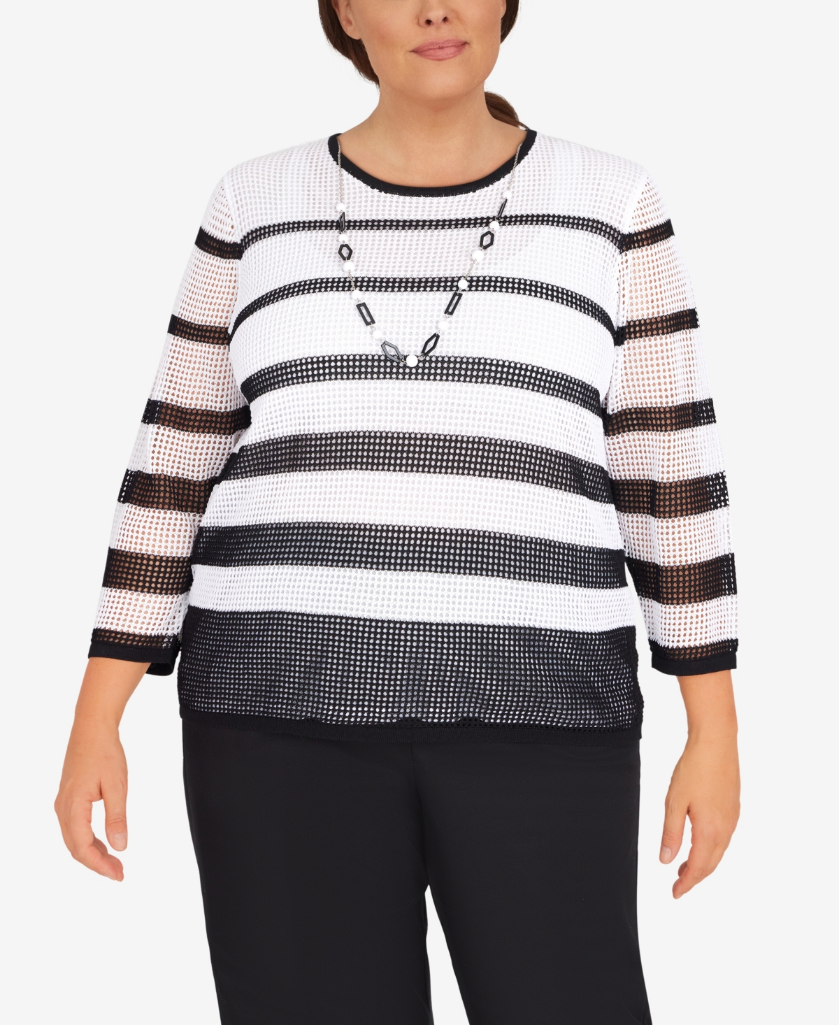 Alfred Dunner Plus Size Summer In The City Mesh Stripe Top with Necklace