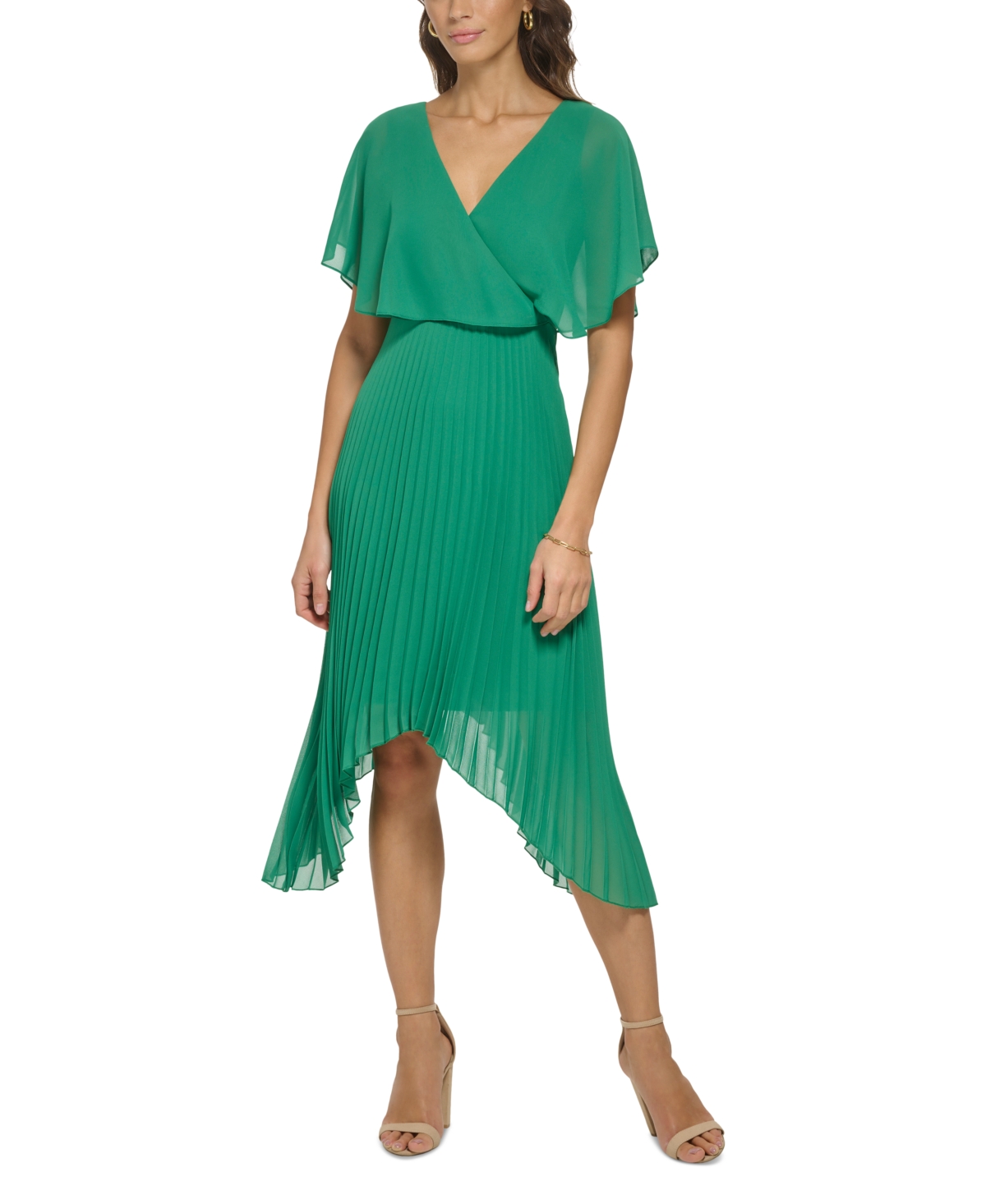 Kensie Chiffon Pleated Dress In Green