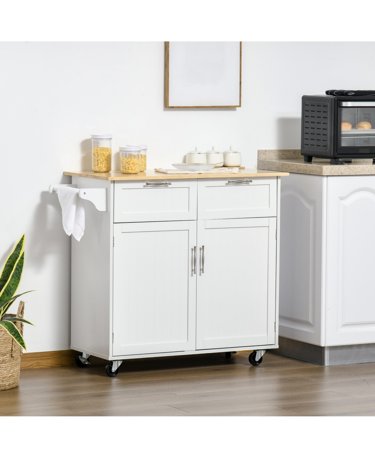 Homcom Kitchen Storage Utility Island w/ Wheels, Drawers & Towel Rack,