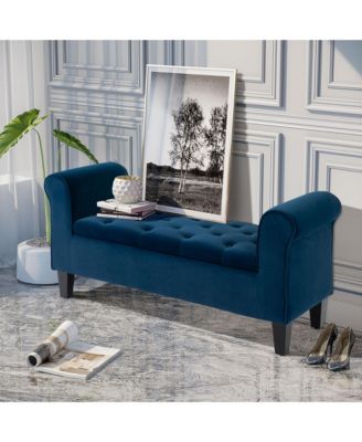 Button-Tufted Storage Ottoman, Fabric Upholstered Bench with Armrests for Bedroom, Entryway, Living room, Blue