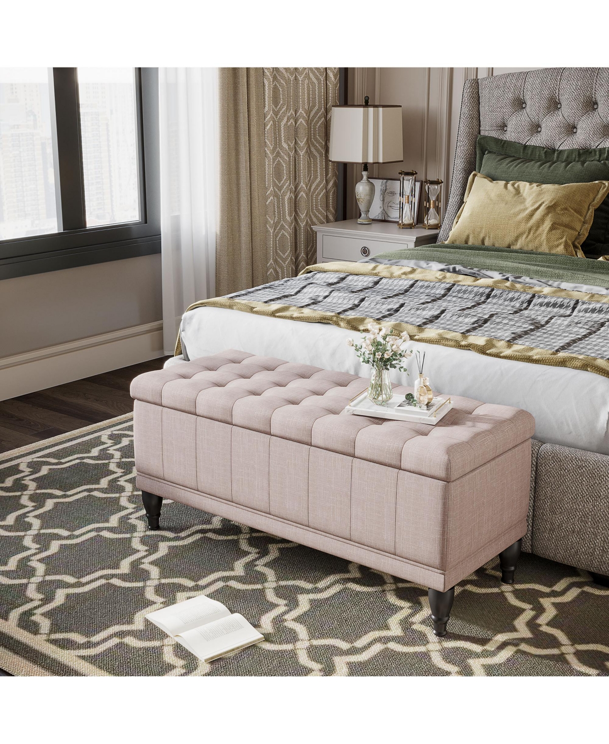 Homcom Fabric Storage Ottoman Shoe Bench Tufted Stool Lift Top Home Furniture