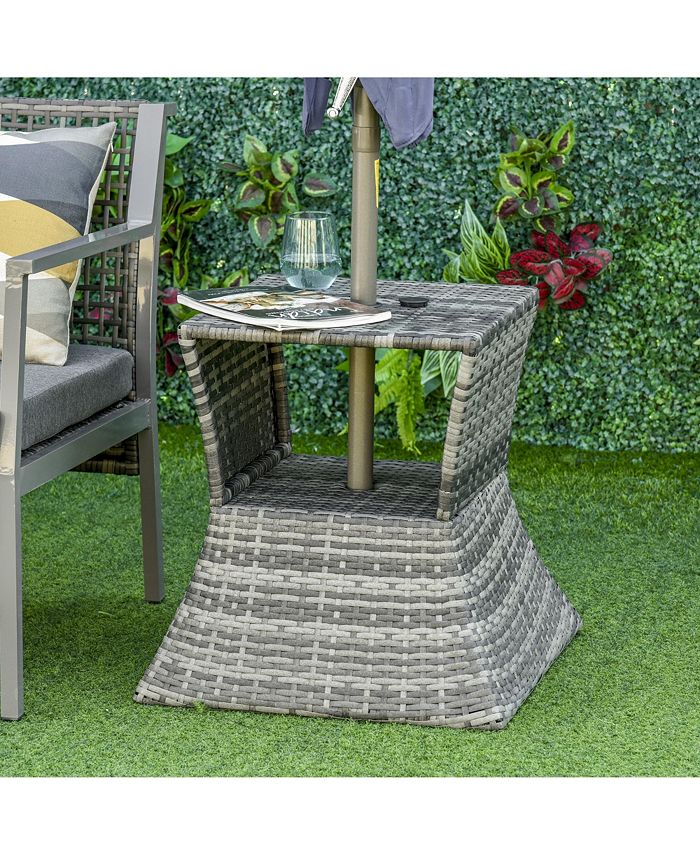 Outsunny Rattan Wicker Side Table with Umbrella Hole, 2 Tier Storage