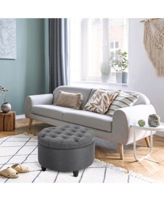 Upholste Round Linen Storage Stool Footrest of Button Tufted