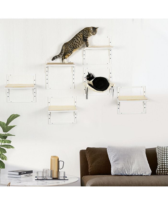 Image showcasing PawHut 6-pc Modern Cat Wall Shelves for Indoor Cats, Height Adjustable ...
