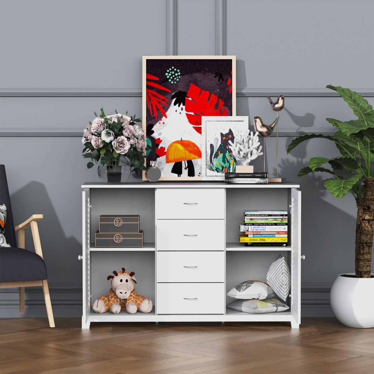 Homcom Floor Cabinet Organizer Storage Wood Furniture Small Space,- White