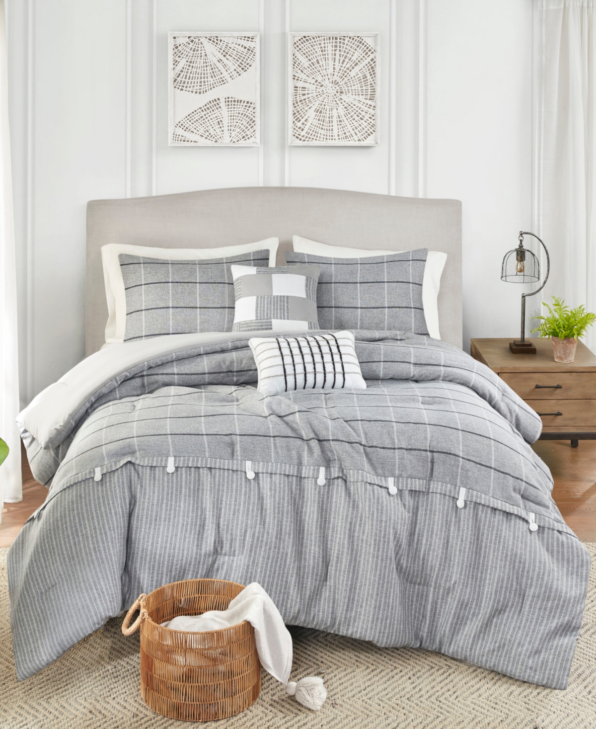 Madison Park Bryson Pieced Plaid 5 Piece Comforter Set, Full/queen In Gray