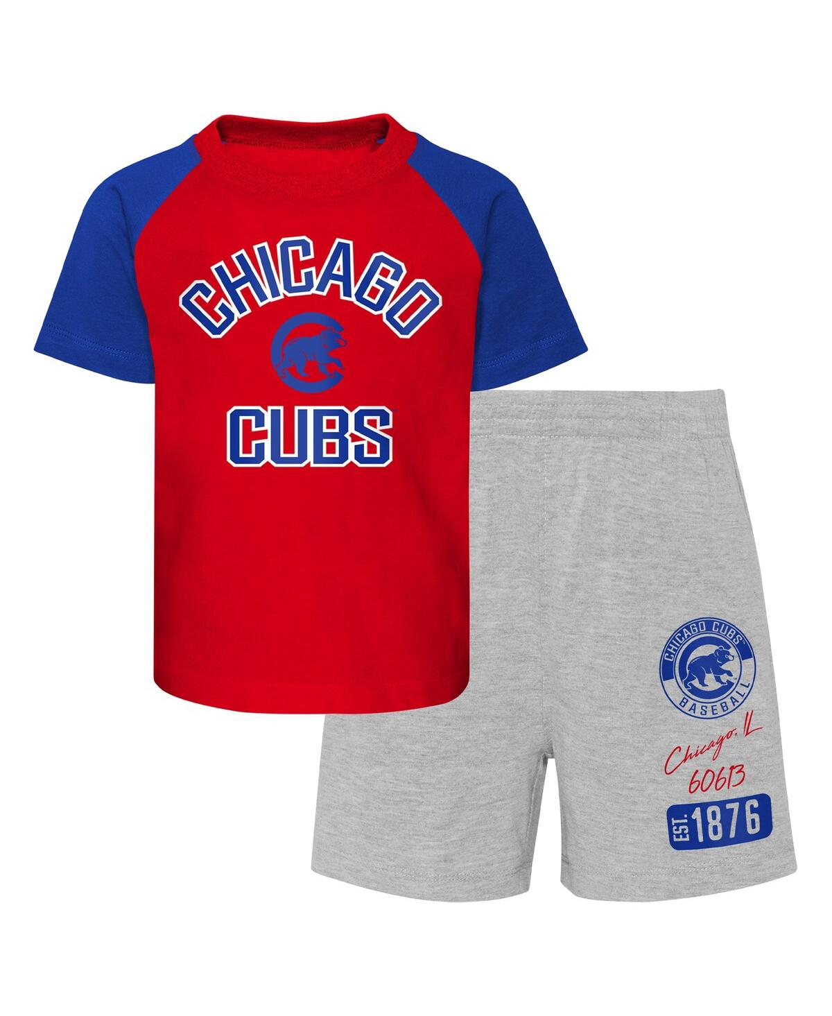Outerstuff Infant Boys And Girls Red And Heather Gray Chicago Cubs Ground Out Baller Raglan T-shirt And Shorts In Red,heather Gray