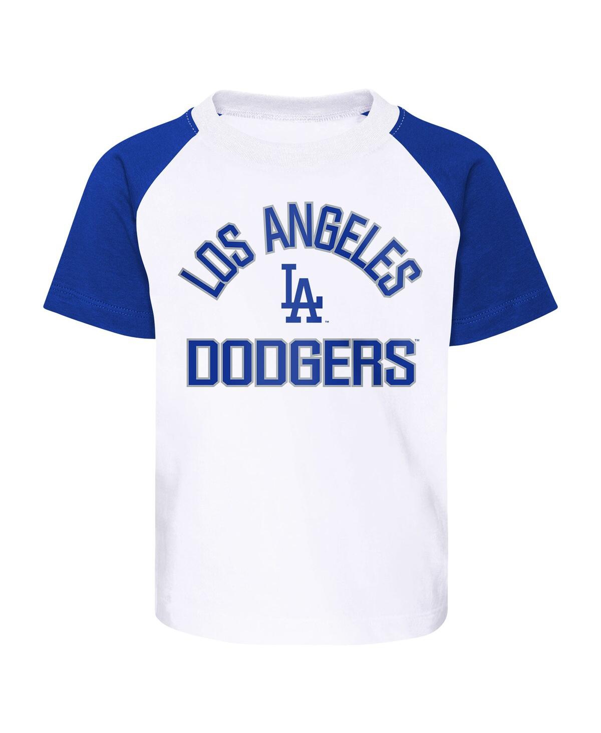 Shop Outerstuff Little Boys And Girls Los Angeles Dodgers White, Heather Gray Groundout Baller Raglan T-shirt And Sh In White,heather Gray