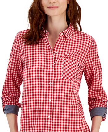 Tommy Hilfiger Women's Cotton Gingham Roll-Tab Shirt - Macy's