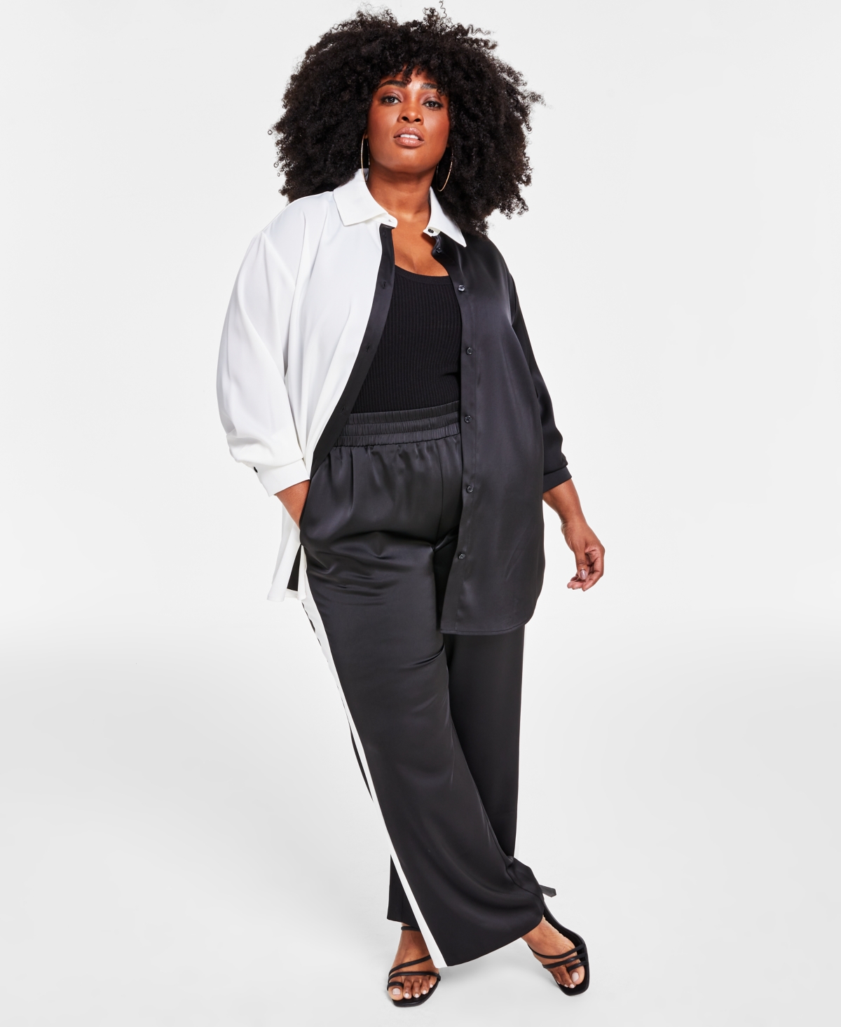 Nina Parker Trendy Plus Size Colorblocked Woven Top In Black,white