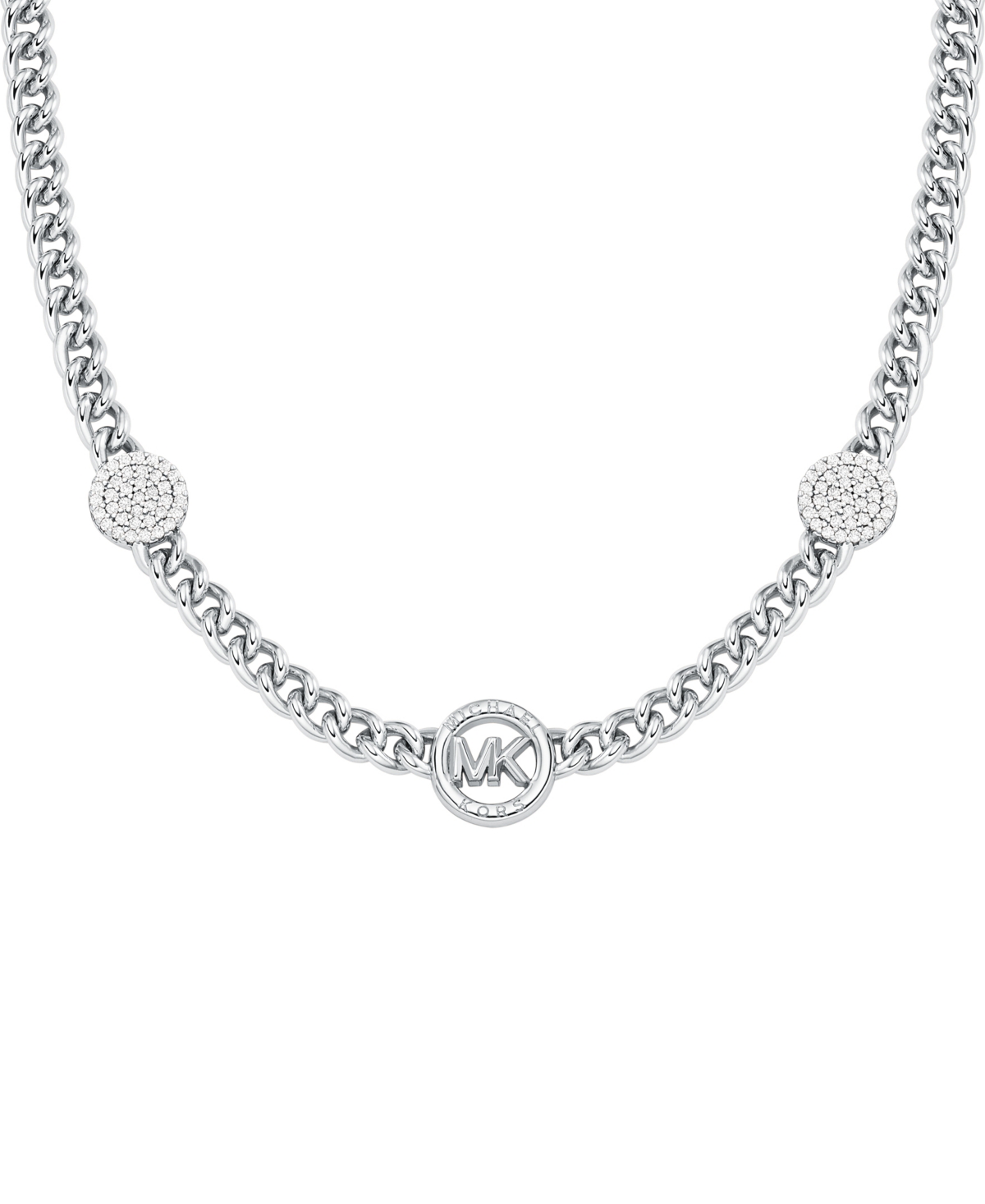 Michael Kors Brass Cubic Zirconia Pave Three Charm Chain Necklace In 14k Gold-plated In Silver