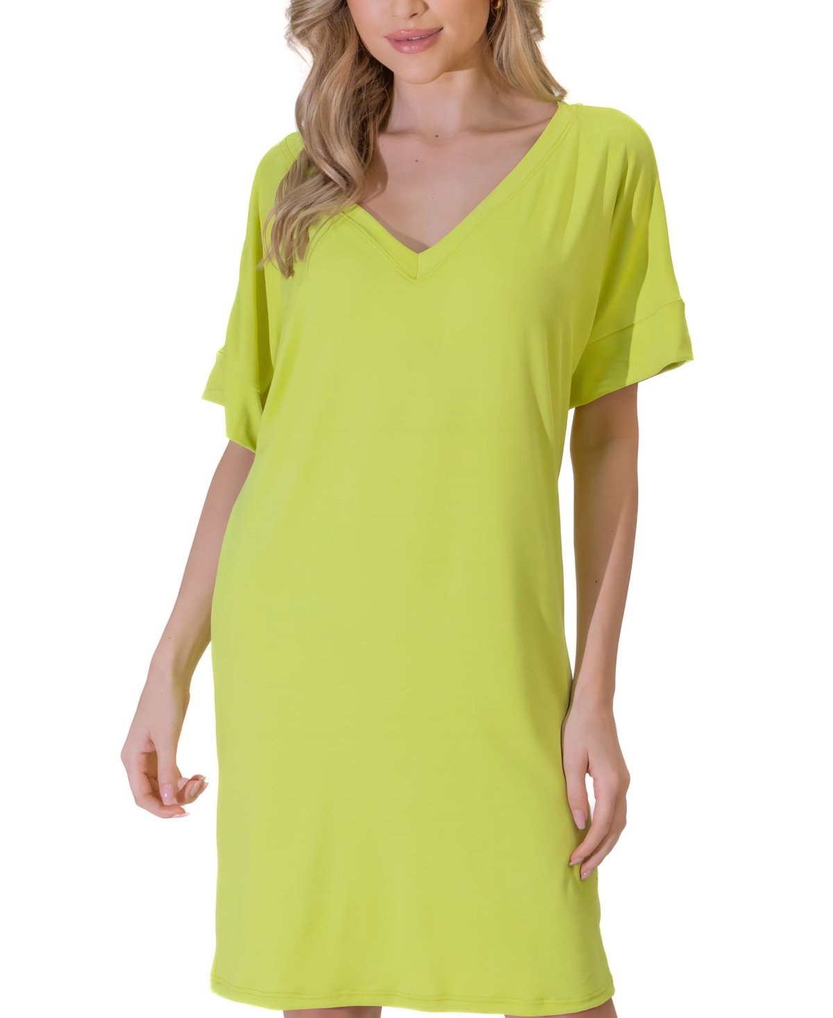 24seven Comfort Apparel Solid Color Loose Fit V Neck T Shirt Style Womens Knee Length Dress In Mocha