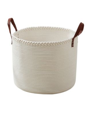 21" Large Round Cotton Rope Storage Basket Laundry Hamper with Faux Leather Handles