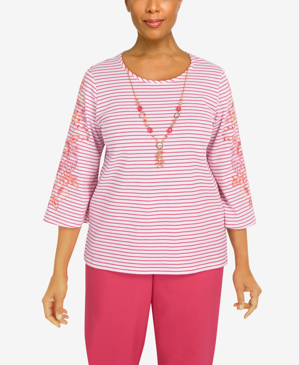 Alfred Dunner Women's Hot Stripe Embroidered Sleeve Top with Necklace