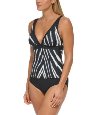 DKNY WOMENS PRINTED PLUNGE TANKINI TOP SOLID HIPSTER BOTTOMS WOMEN'S SWIMSUIT