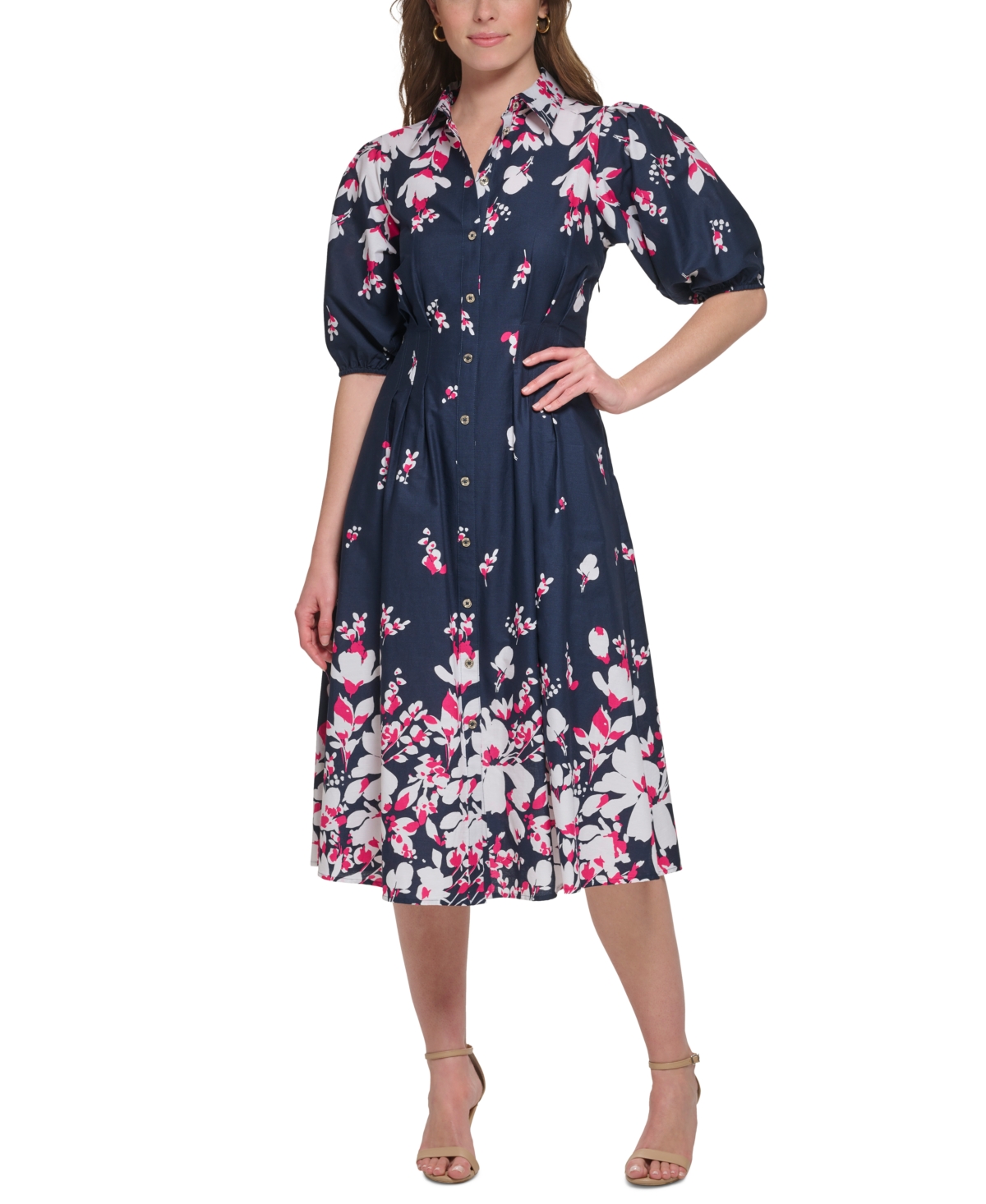Tommy Hilfiger Women's Cotton Puff-sleeve Floral Midi Dress In Sky Capt Multi