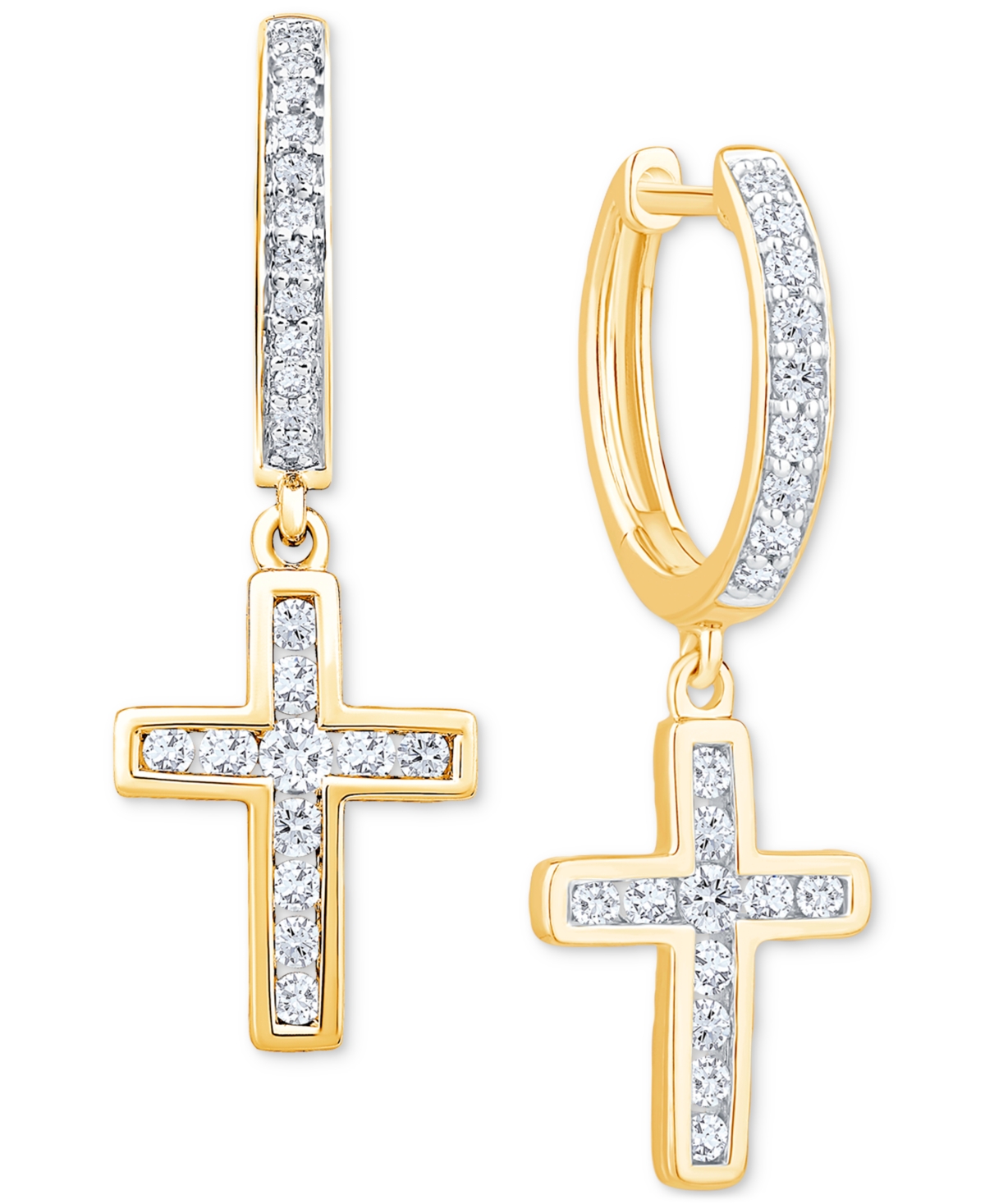 Macy's Diamond Dangle Cross Hoop Earrings (1/2 Ct. Tw.) In 14k Yellow Gold