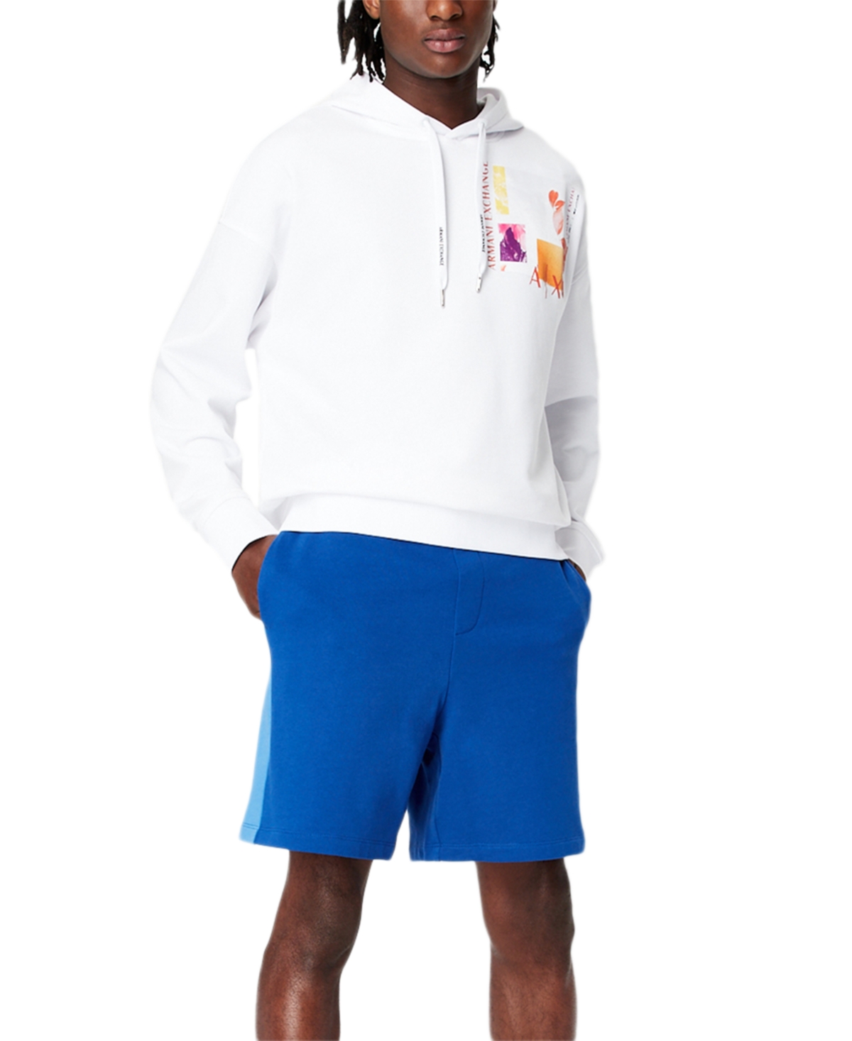 A X Armani Exchange Men's Colorblocked Logo-print Fleece Drawstring Shorts In Marine