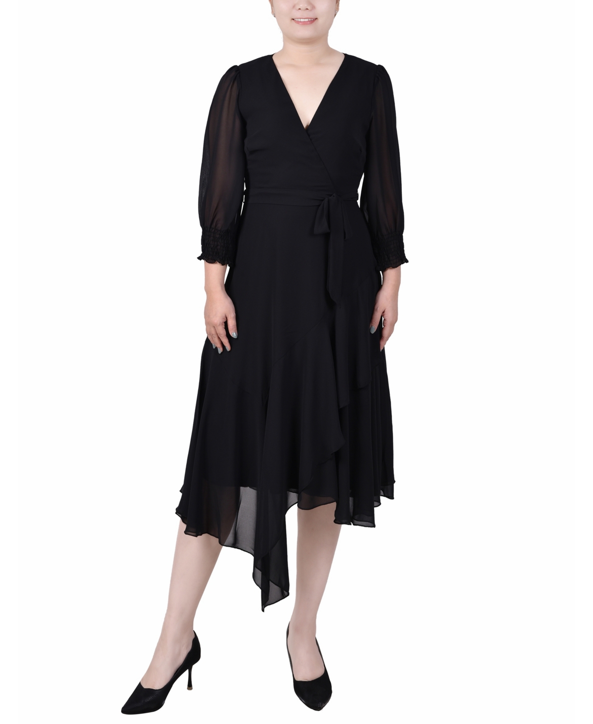 Shop Ny Collection Petite 3/4 Sleeve Belted Chiffon Handkerchief Hem Dress In Black