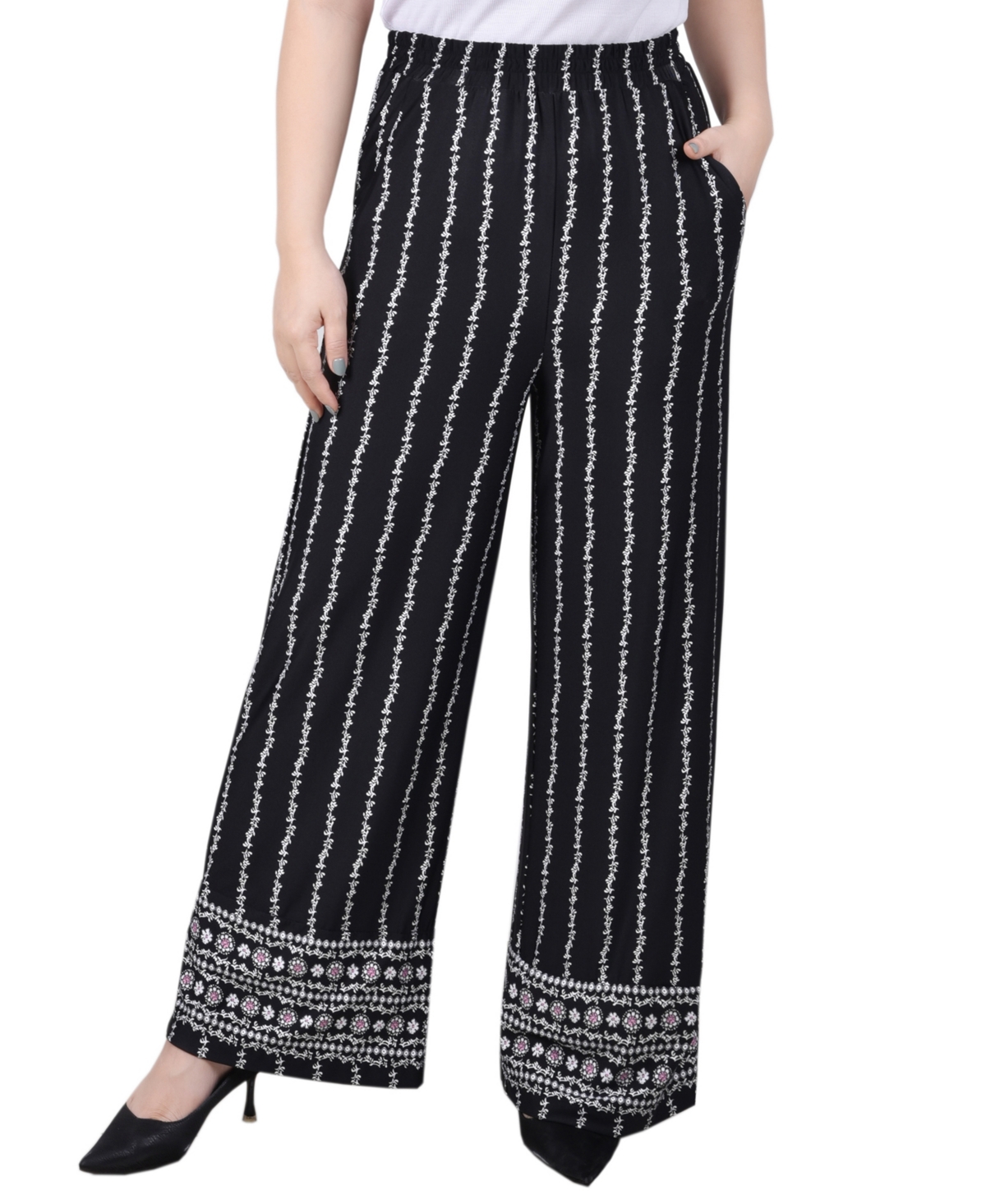 Shop Ny Collection Petite Wide Leg Pull On Pants In Black Floral Border