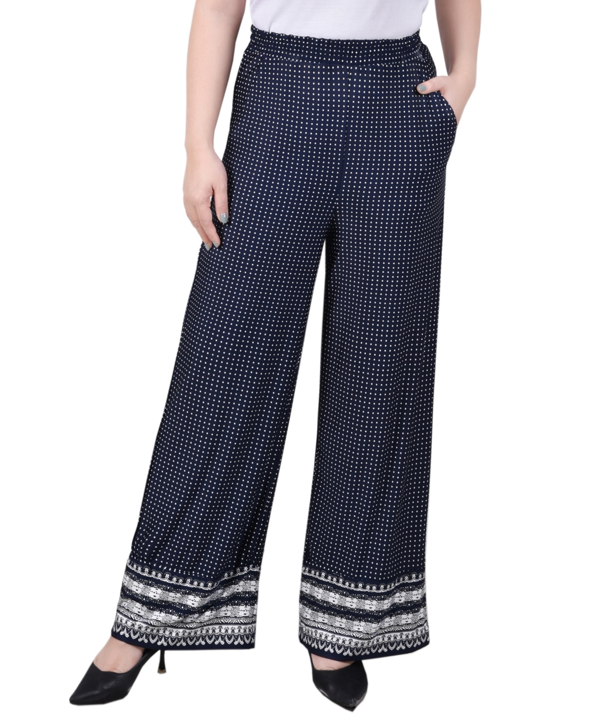 Ny Collection Plus Size Wide Leg Pull On Pants In Navy Dot Border