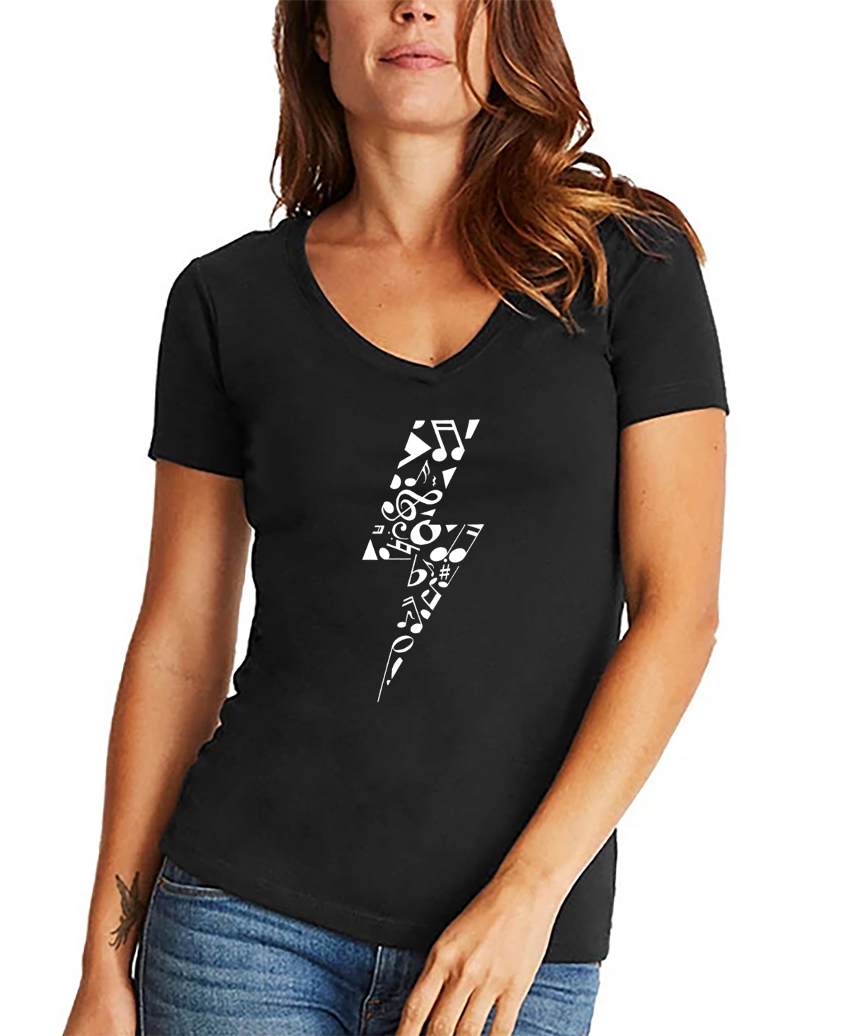 La Pop Art Women's Lightning Bolt Word Art V-neck T-shirt In Black
