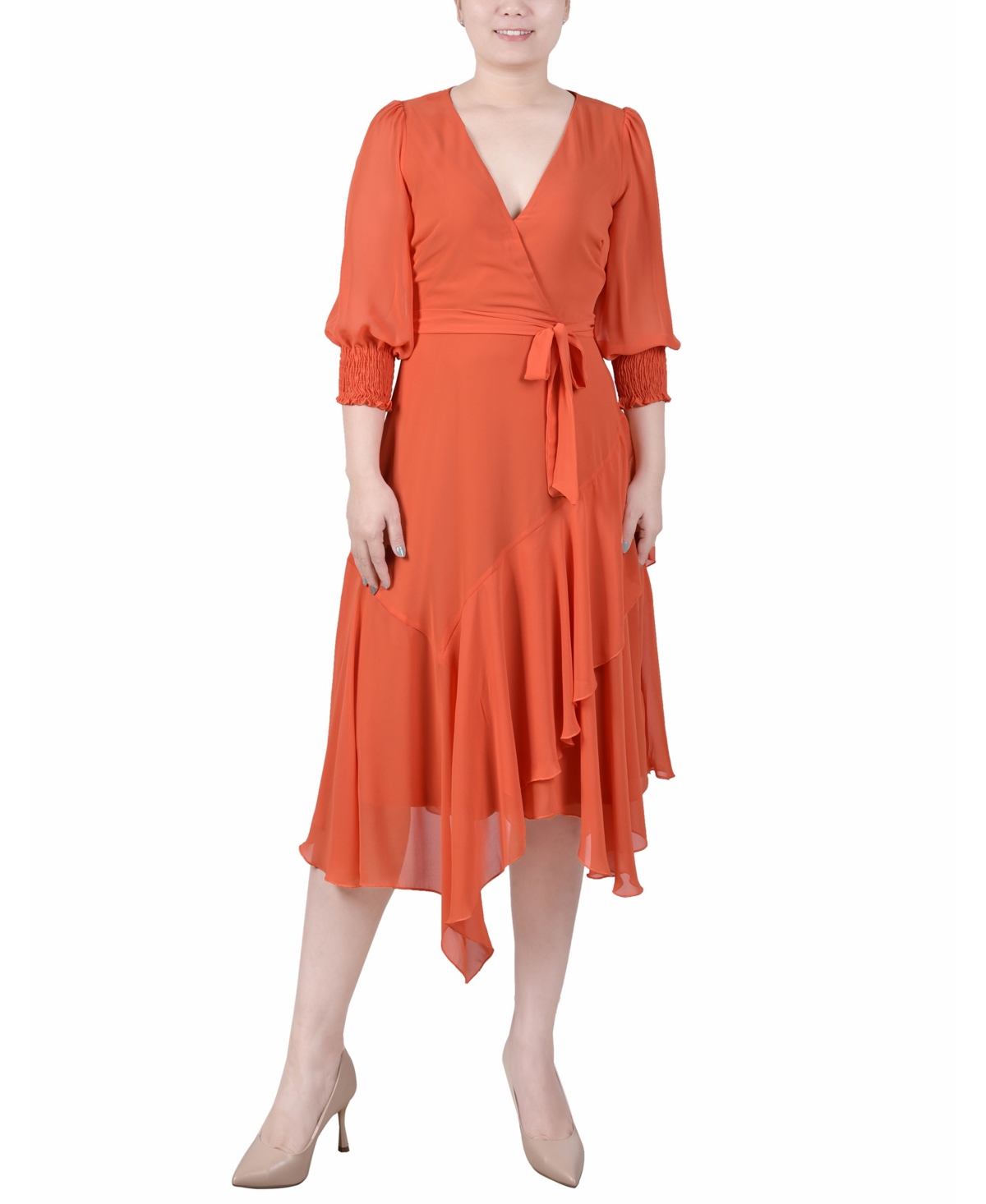 Ny Collection Women's 3/4 Sleeve Belted Chiffon Handkerchief Hem Dress In Orange Rust