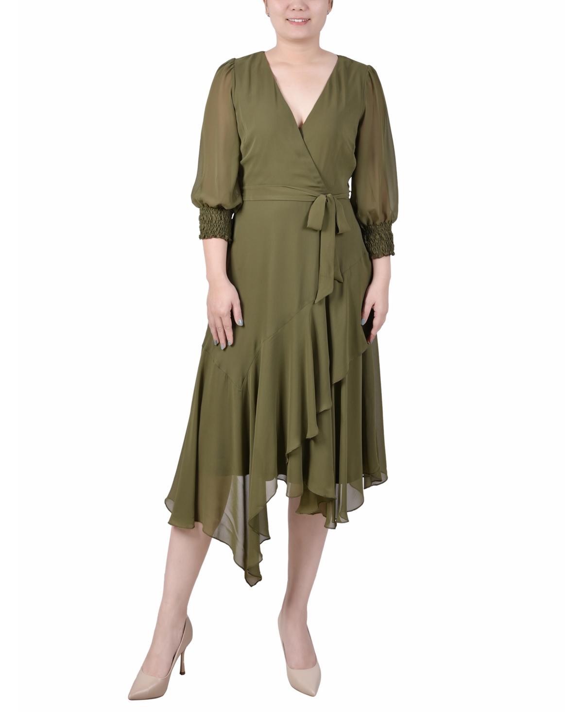 Ny Collection Petite 3/4 Sleeve Belted Chiffon Handkerchief Hem Dress In Winter Moss