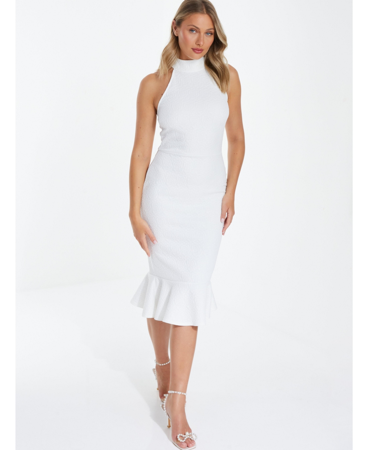 Women's Floral High Neck Frill Midi Dress - White