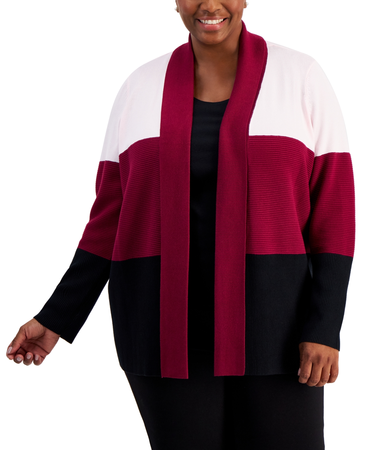 Karen Scott Women's Colorblocked Open-front Cardigan Sweater, Created For Macy's In Merlot Combo