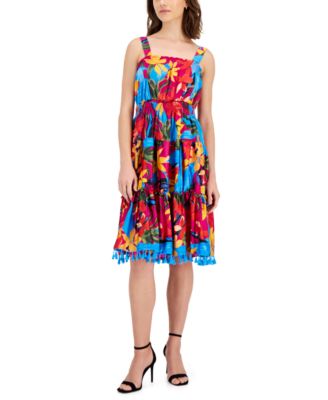 Tahari ASL - Women's Floral-Print Tassel-Hem A-Line Dress