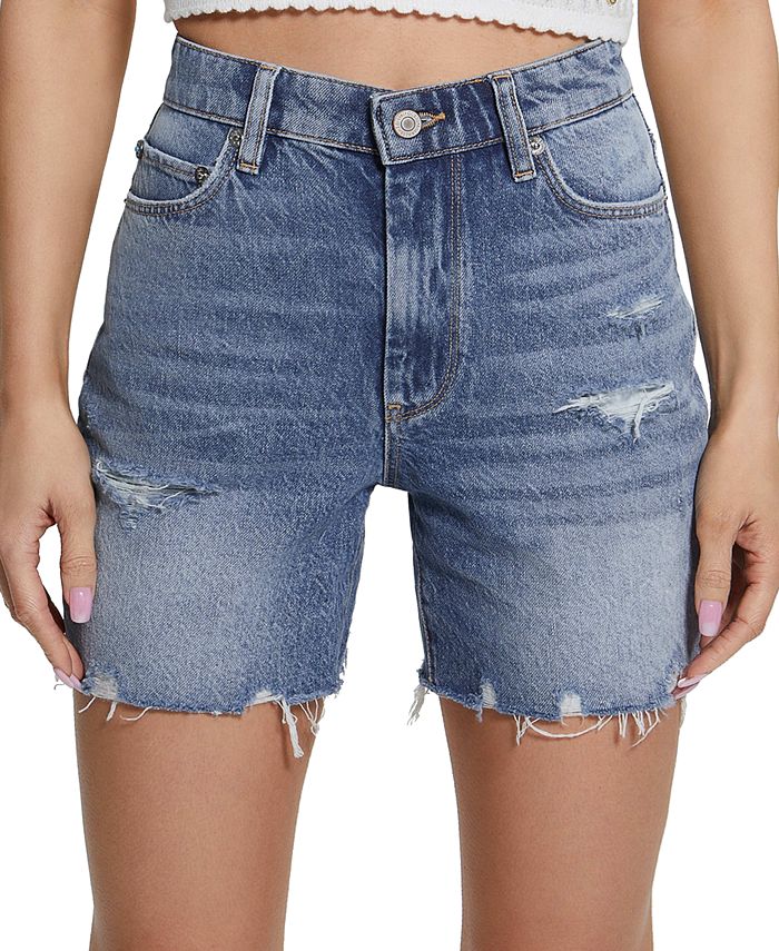 GUESS Women's 80s Distressed Denim Pedal Shorts - Macy's