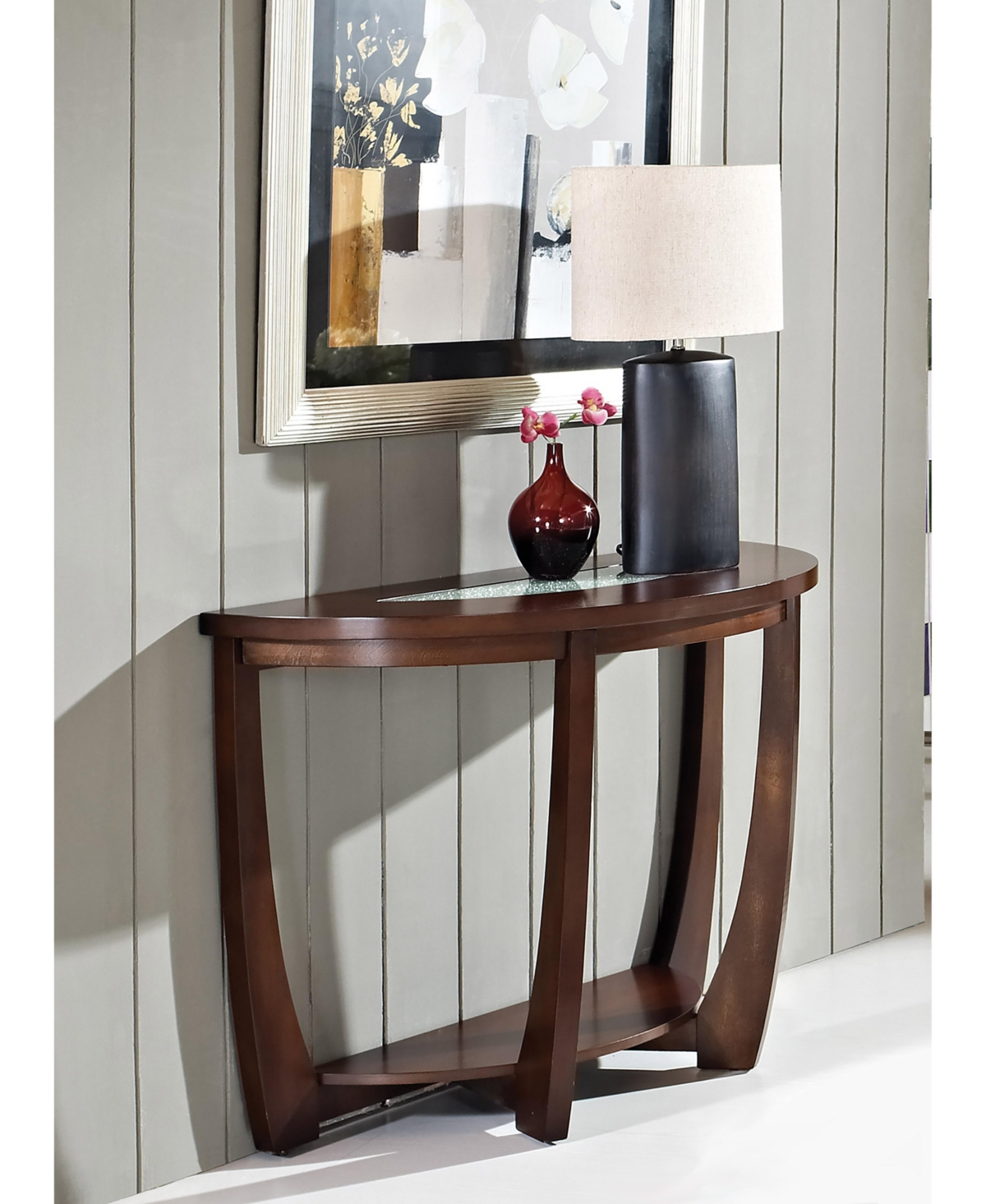 Steve Silver Rafael Demilune Merlot Wood Sofa Table with Cracked Glass Insert