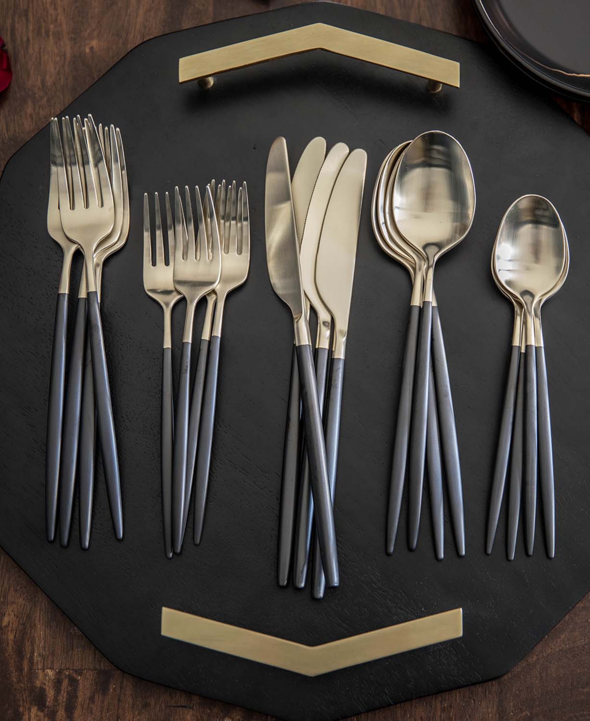 Cambridge Silversmiths Gaze Two Tone Black-Gold Satin Piece Flatware Set, Service For 4 - Black and Champagne Gold