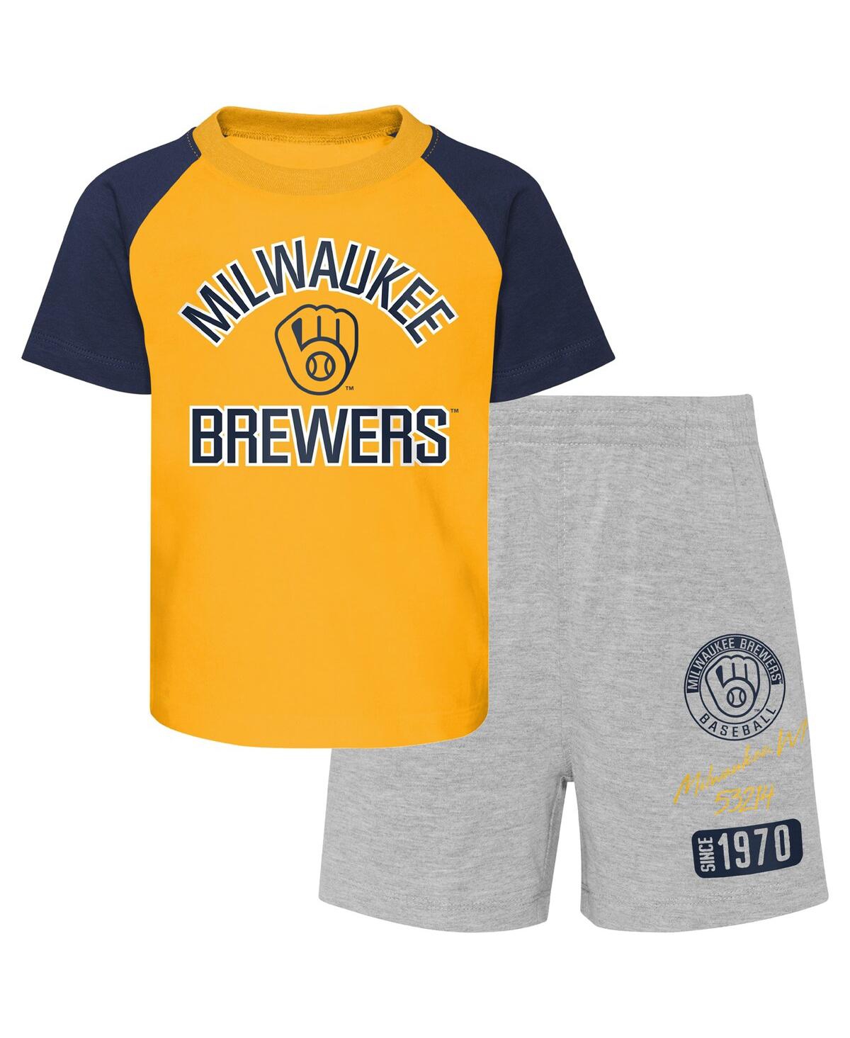 Shop Outerstuff Toddler Boys And Girls Gold And Heather Gray Milwaukee Brewers Two-piece Groundout Baller Raglan T-s In Gold,heather Gray