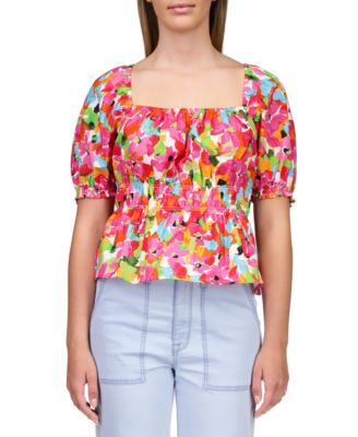 Sanctuary - Women's Printed Lace-Up Puff-Sleeve Cotton Top