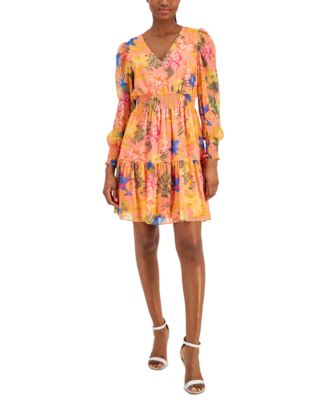 Anne Klein - Women's Floral-Print Blouson-Sleeve V-Neck Dress