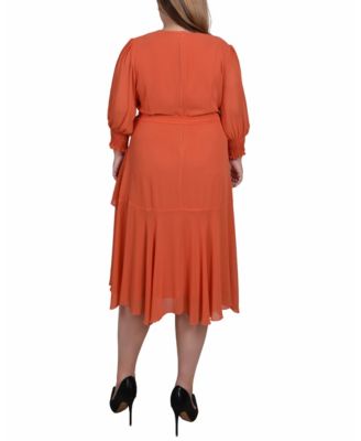 Plus Size 3/4 Sleeve Belted Chiffon Handkerchief Hem Dress