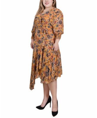 Plus Size 3/4 Sleeve Belted Chiffon Handkerchief Hem Dress