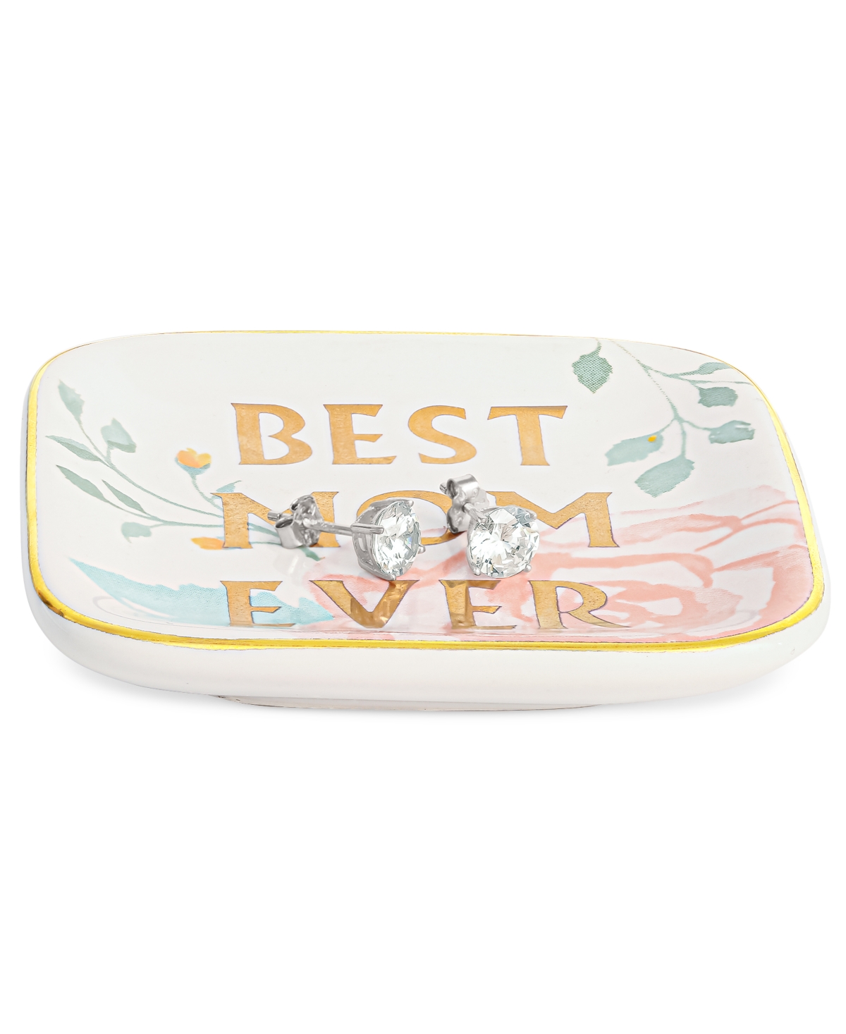 Giani Bernini 2-Pc. Set Cubic Zirconia Stud Earrings & Best Mom Ever Trinket Dish, Created for Macy's - Sterling Silver