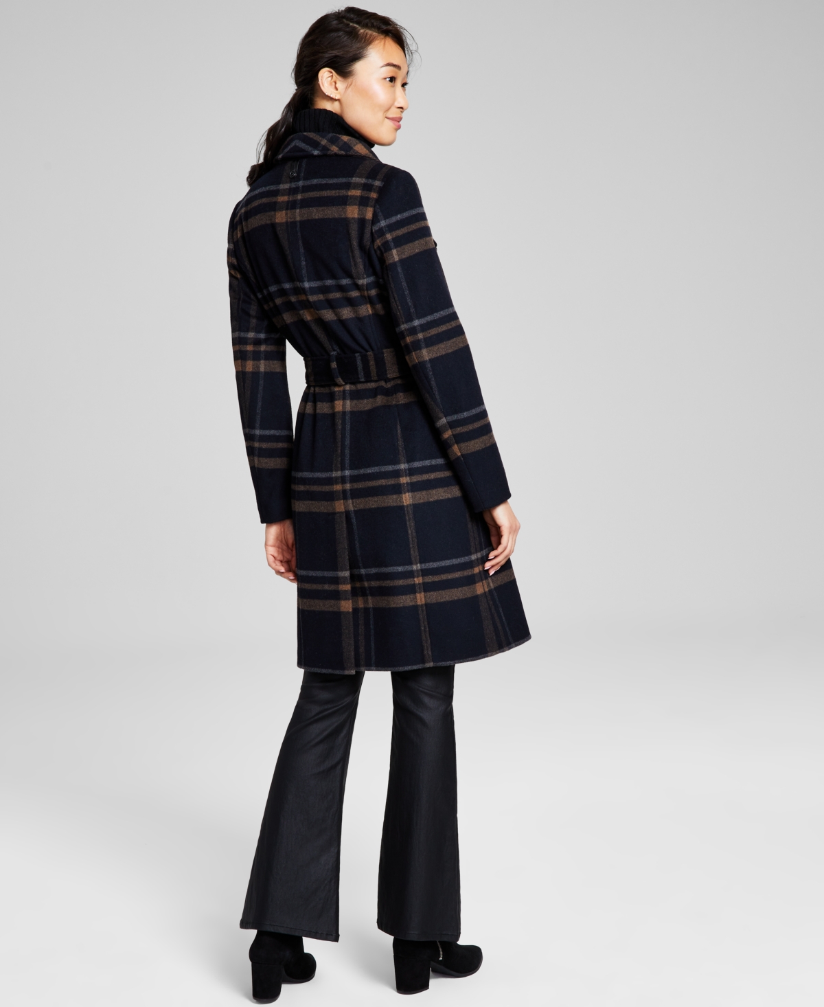 Calvin Klein Womens Wool Blend Belted Wrap Coat, Created For Macys In Black