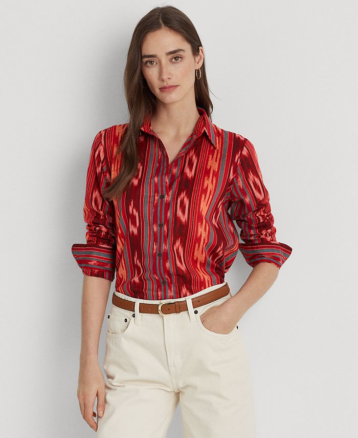 Lauren Ralph Lauren Women's Geo-Striped Cotton Voile Shirt, Regular ...