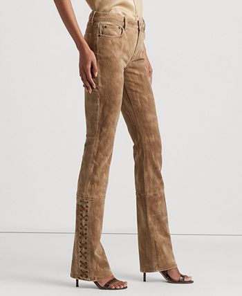 Ralph Lauren Cotton Blend High Rise Bootcut Lace Up Jeans in Tan