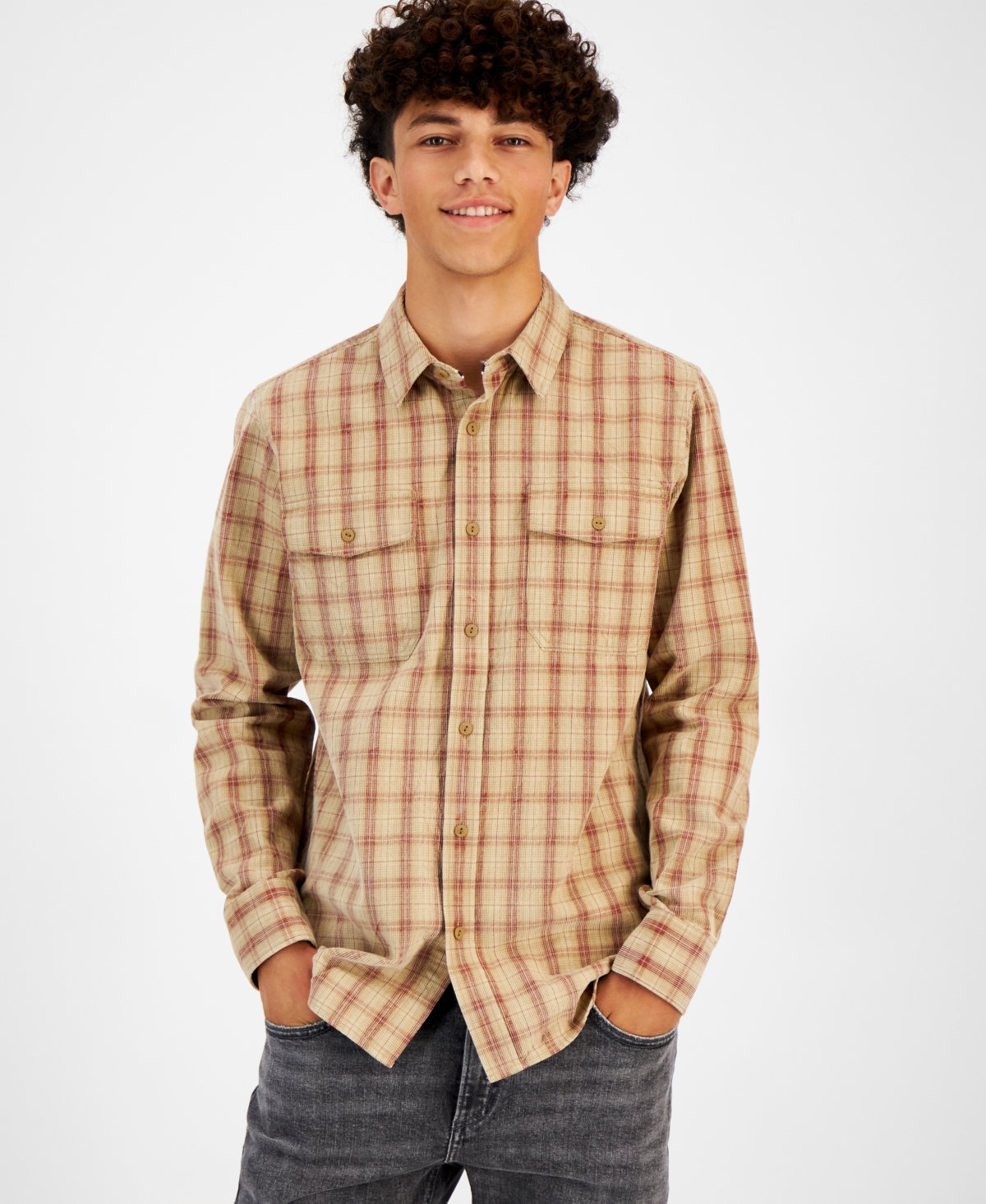 Sun + Stone Men's Ander Plaid Corduroy Shirt, Created For Macy's In Dull Gold